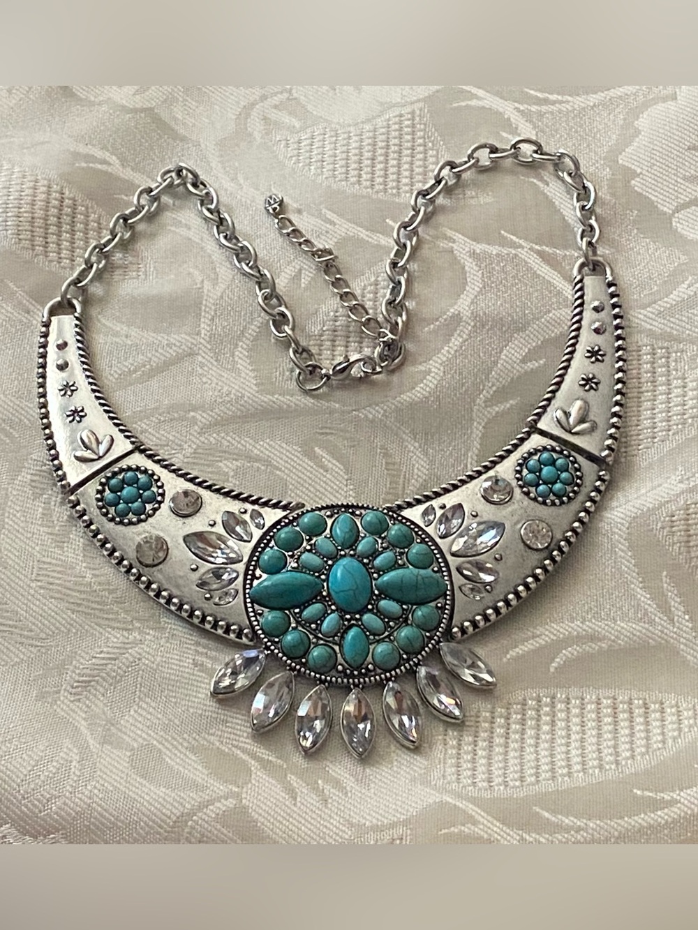 Choker Bib Collar Statement Necklace By W Silver Faux Turquoise Southwestern